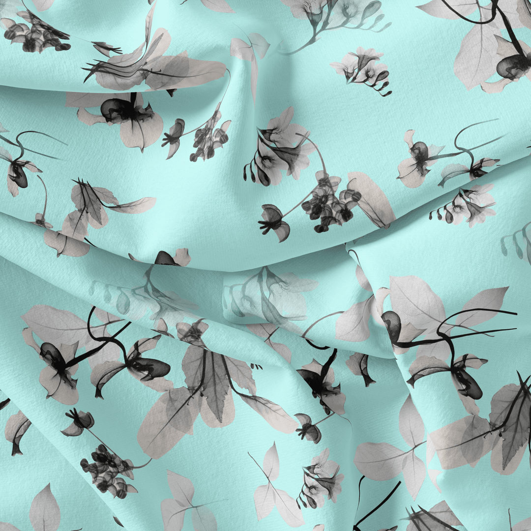 Morden Grey Leaves With Branch Digital Printed Fabric - Silk Crepe - FAB VOGUE Studio®