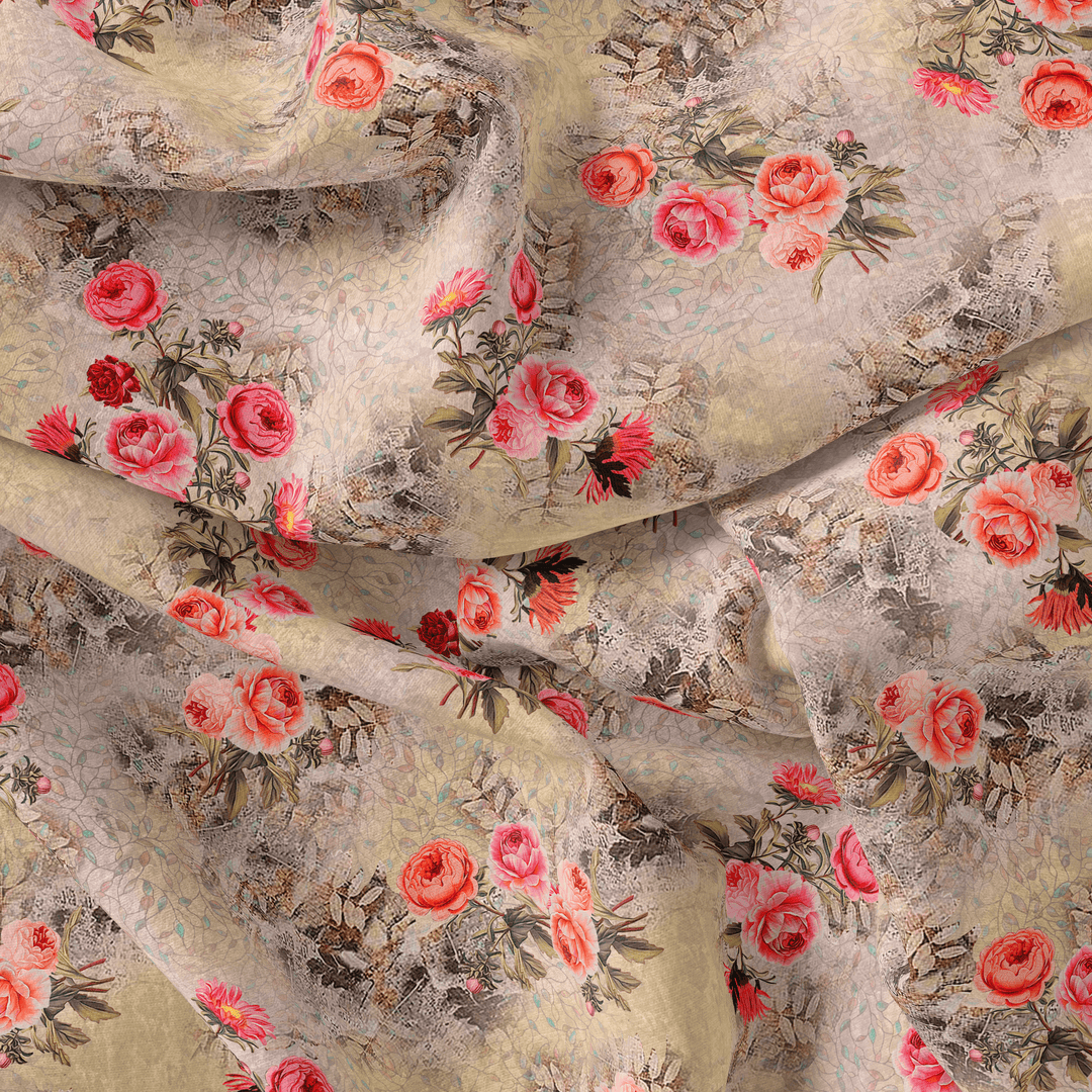 Vintage Art Of Roses With Leaves Digital Printed Fabric - Silk Crepe - FAB VOGUE Studio®