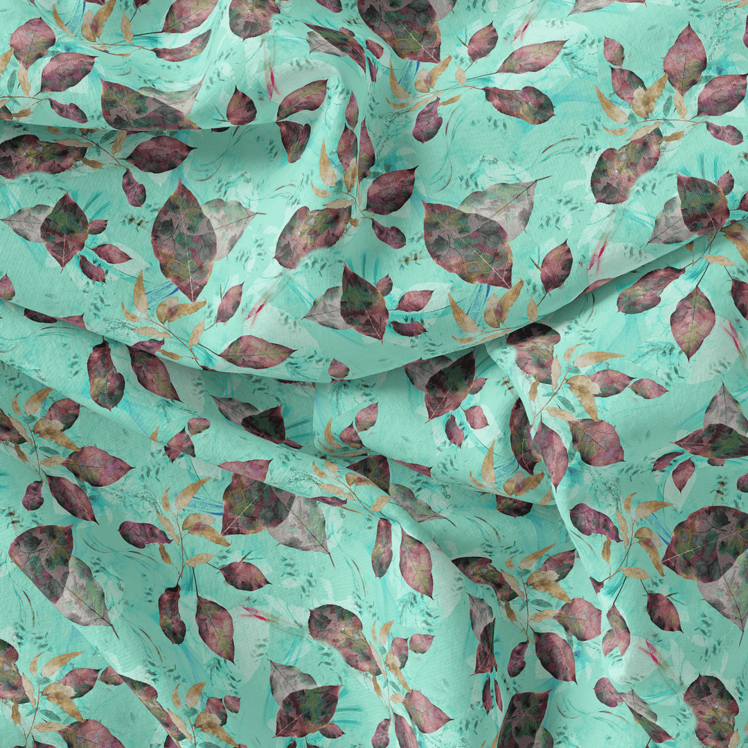 Watercolour Autumnal Leaves With Green Sprinkle Digital Printed Fabric - Silk Crepe - FAB VOGUE Studio®