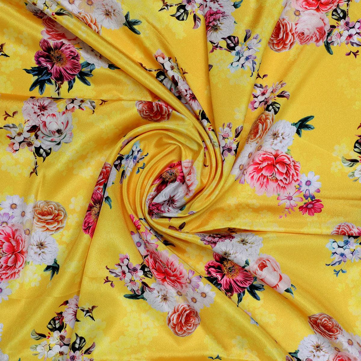 Beautiful Yellow Base Floral Bunch Digital Printed Fabric - FAB VOGUE Studio®