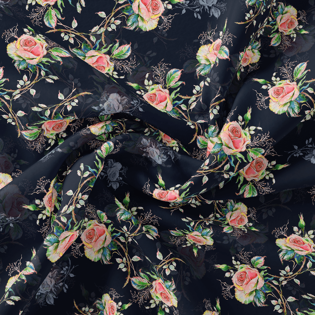 Colourful Roses With Multicolour Branch Digital Printed Fabric - Silk Crepe - FAB VOGUE Studio®