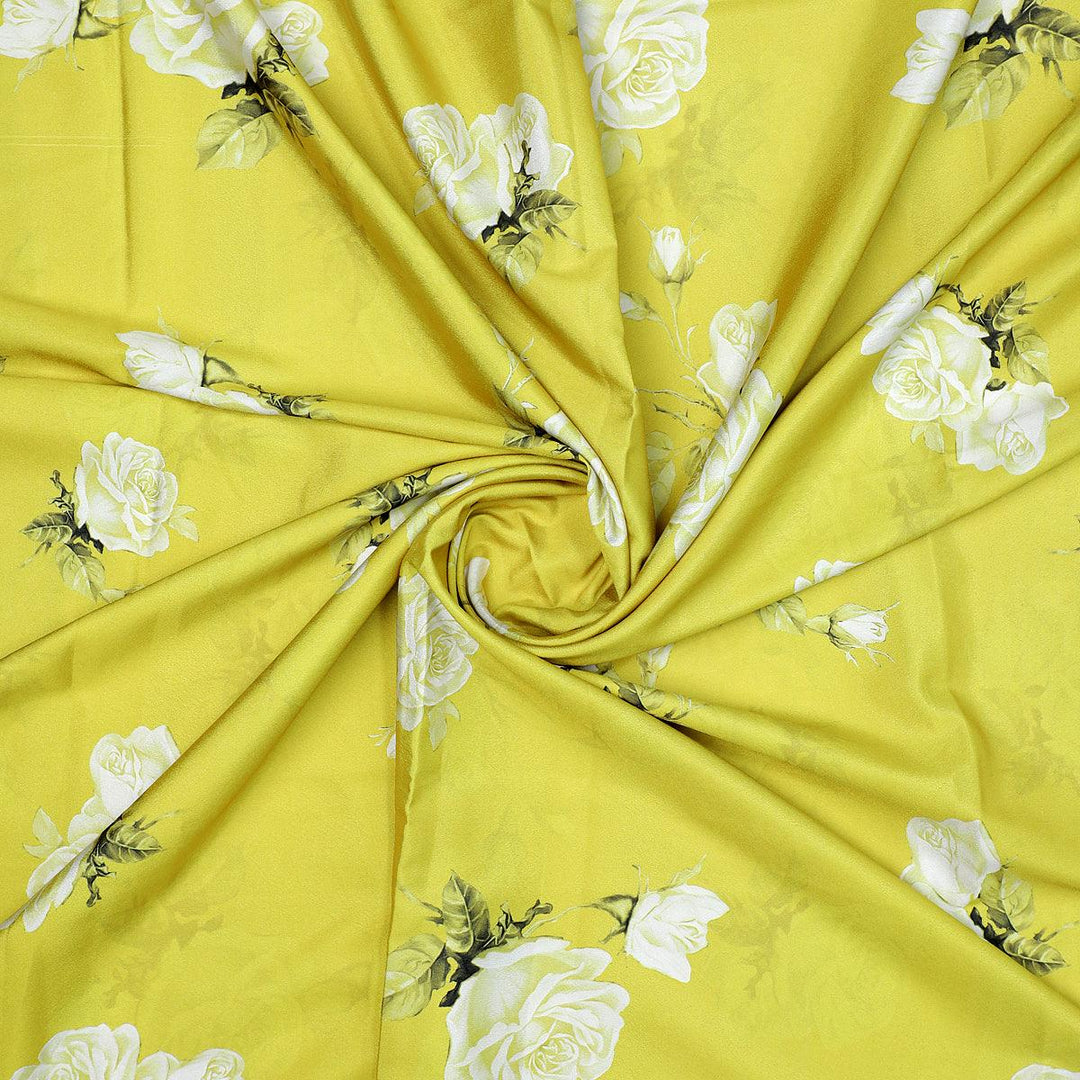 Lemon Yellow Flower Allover Digital Printed Fabric - Crepe - FAB VOGUE Studio®