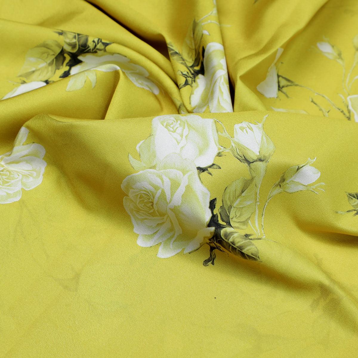 Lemon Yellow Flower Allover Digital Printed Fabric - Crepe - FAB VOGUE Studio®