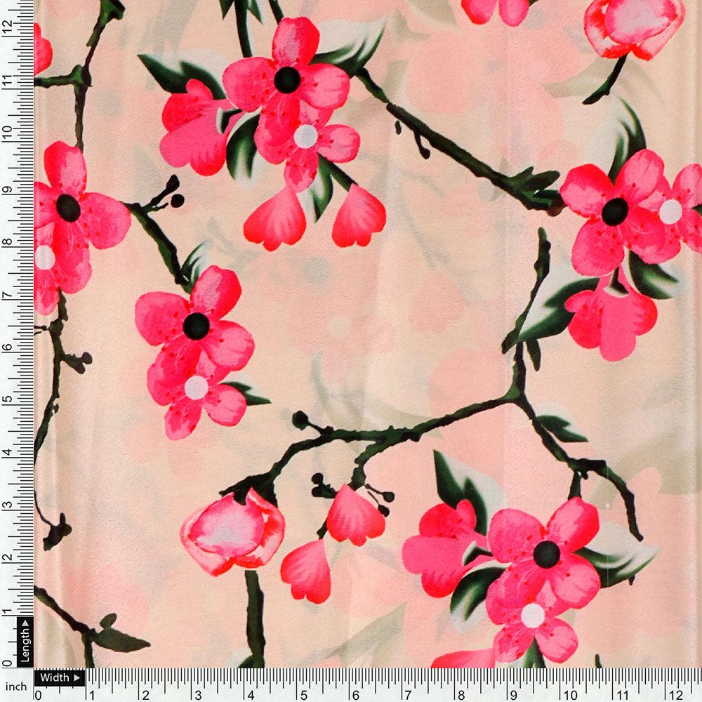 Cherry Red Flower With Branch Digital Printed Fabric - Crepe - FAB VOGUE Studio®