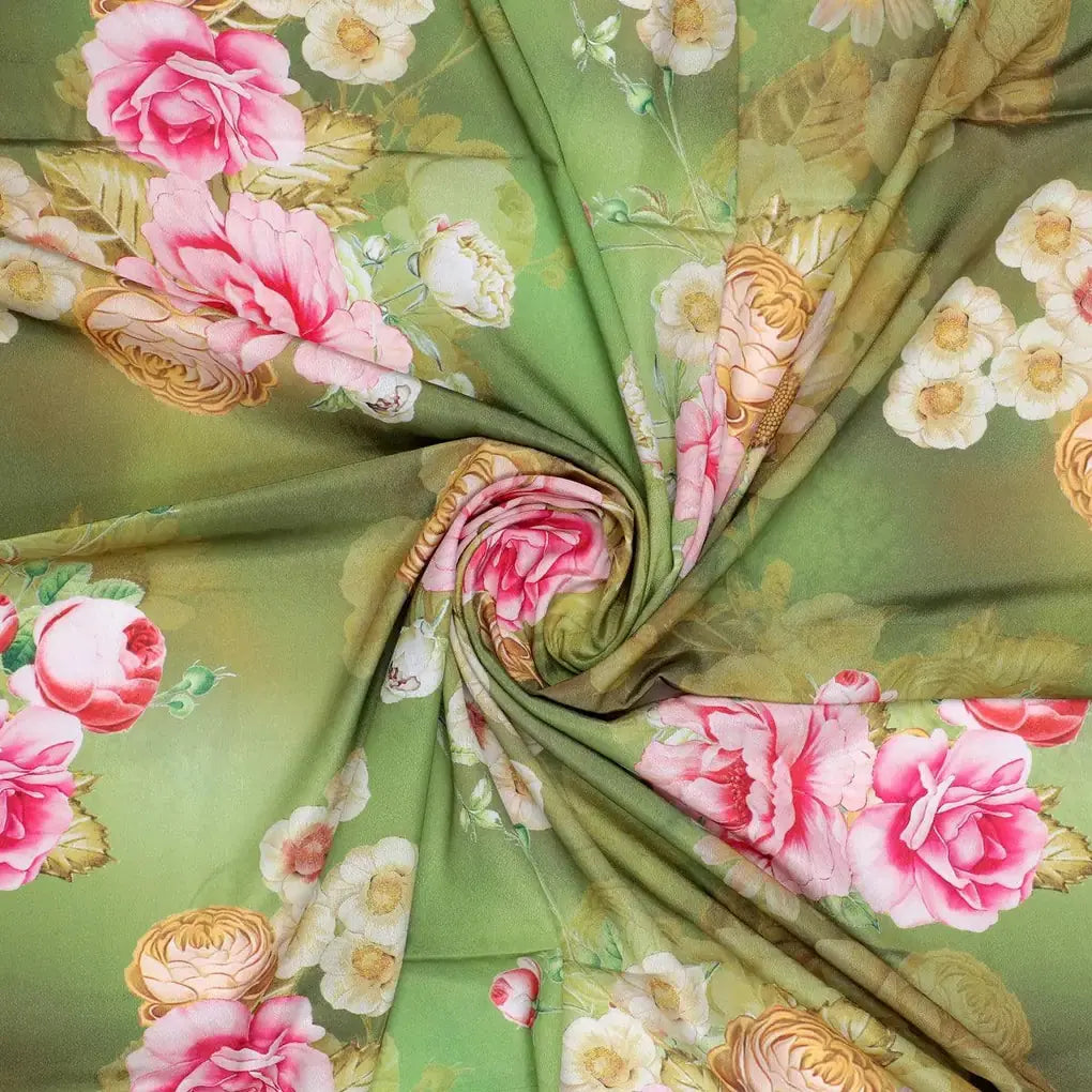 Pink Rose On Green Palate Digital Printed Fabric  - Crepe – cr 0 ta07237p4 110 pink rose on green palate digital printed fabric crepe 1