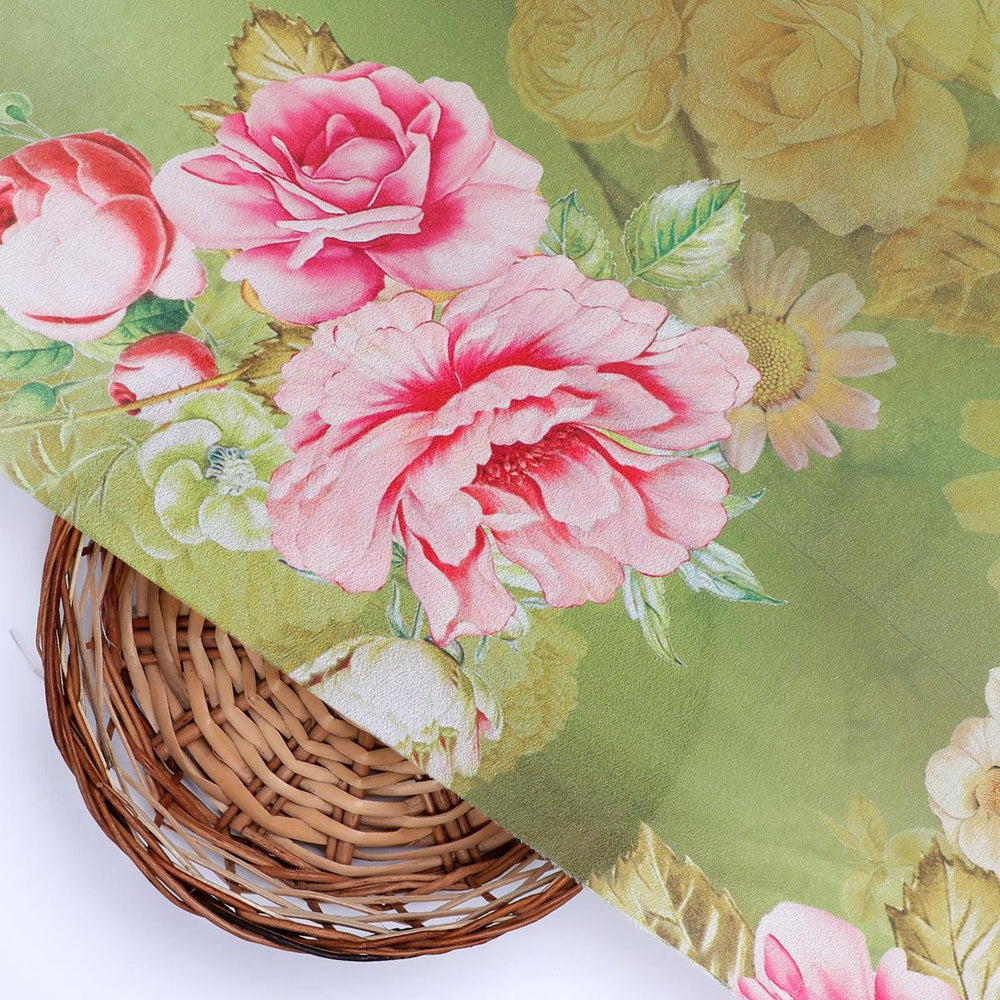 Pink Rose On Green Palate Digital Printed Fabric - Crepe - FAB VOGUE Studio®