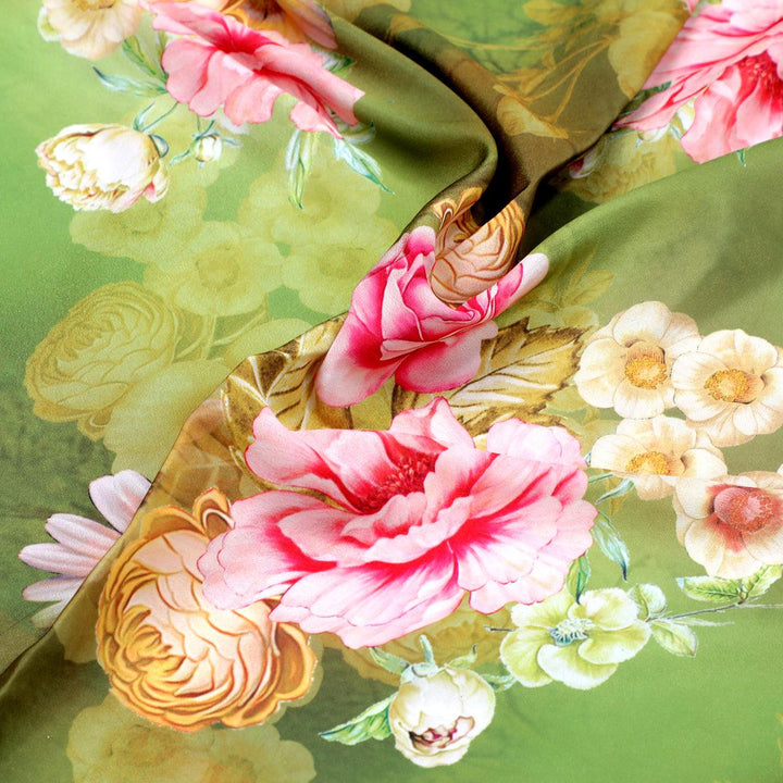 Pink Rose On Green Palate Digital Printed Fabric - Crepe - FAB VOGUE Studio®