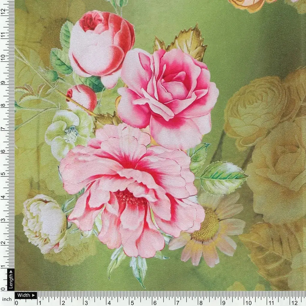 Pink Rose On Green Palate Digital Printed Fabric  - Crepe – cr 0 ta07237p4 110 pink rose on green palate digital printed fabric crepe 4