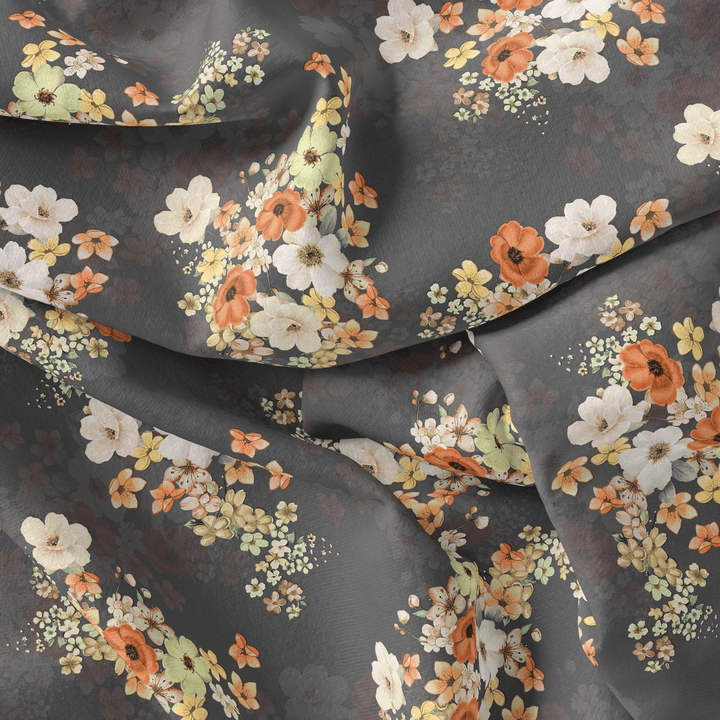 Multicolour Orchid Flower With Grey Background Digital Printed Fabric - Silk Crepe - FAB VOGUE Studio®