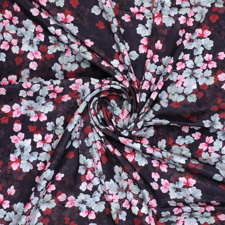 Beautiful Pink With Grey Leaves Digital Printed Fabric - Silk Crepe - FAB VOGUE Studio®