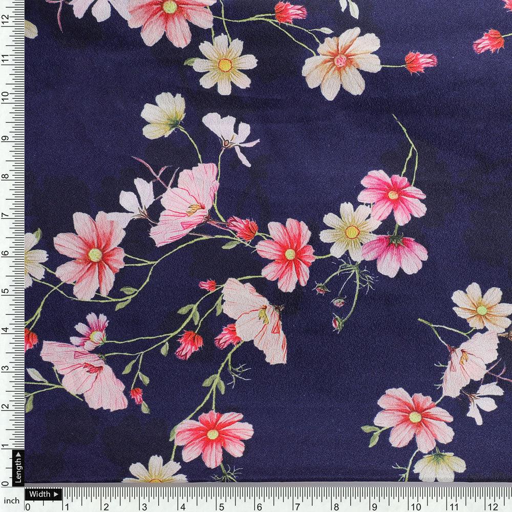 Tiny Colorfull Orchids Floral With Blue Background Digital Printed Fabric - Silk Crepe - FAB VOGUE Studio®