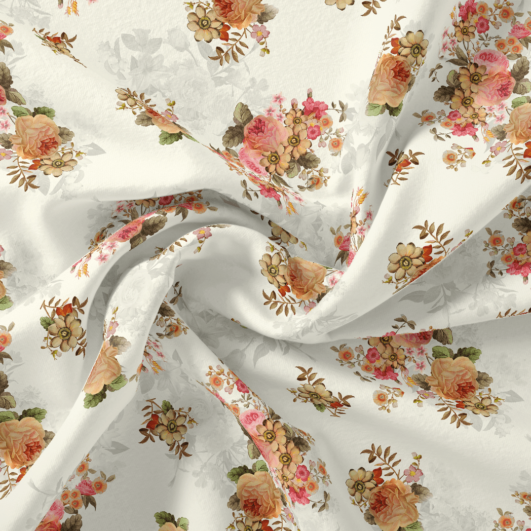 Classic Multicolor Roses With Leaves Digital Printed Fabric - Silk Crepe - FAB VOGUE Studio®