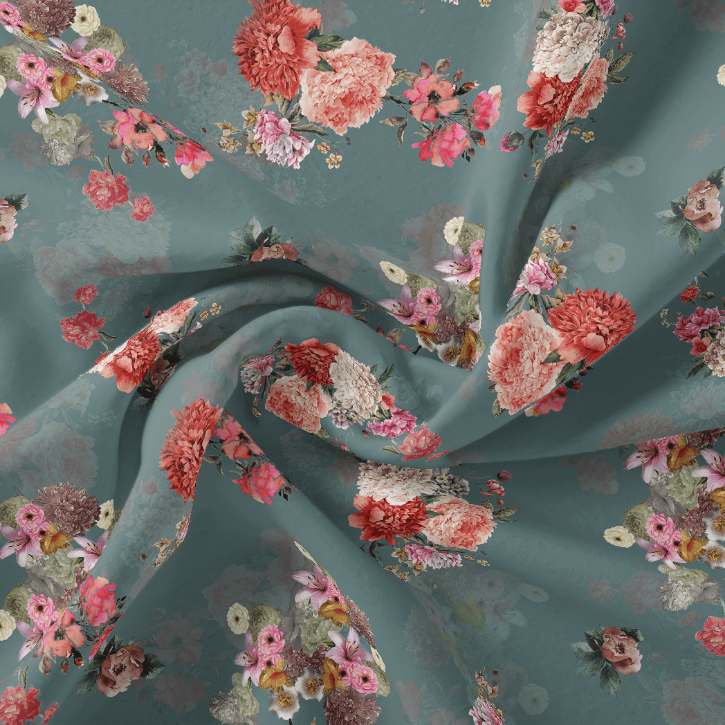 Colorful Roses With Multicolor Branch Digital Printed Fabric - Silk Crepe - FAB VOGUE Studio®