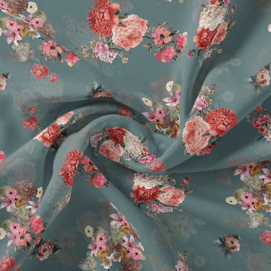 Colorful Roses With Multicolor Branch Digital Printed Fabric - Silk Crepe - FAB VOGUE Studio®