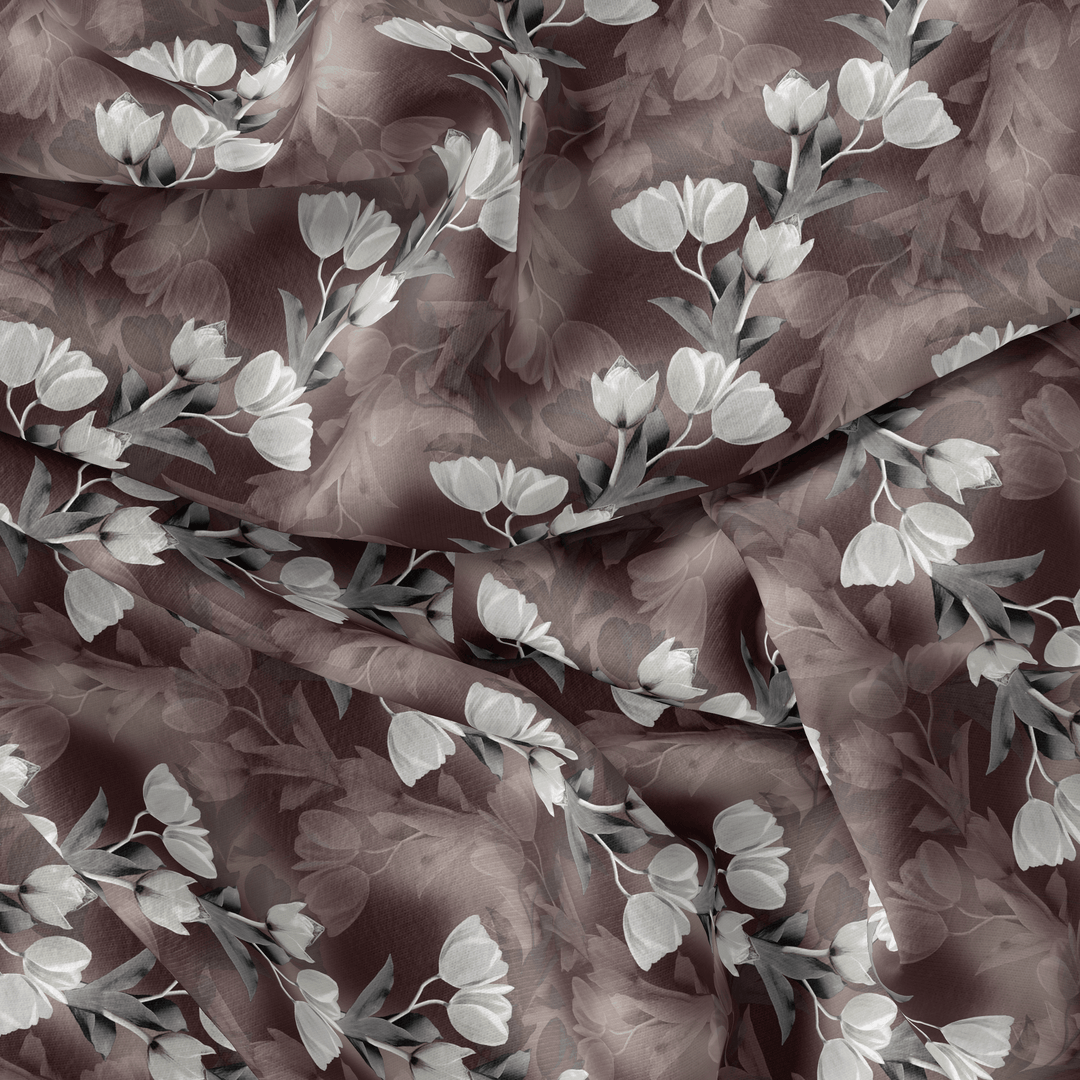 Watercolor Blooming Flower Brown Flower Digital Printed Fabric - Silk Crepe - FAB VOGUE Studio®