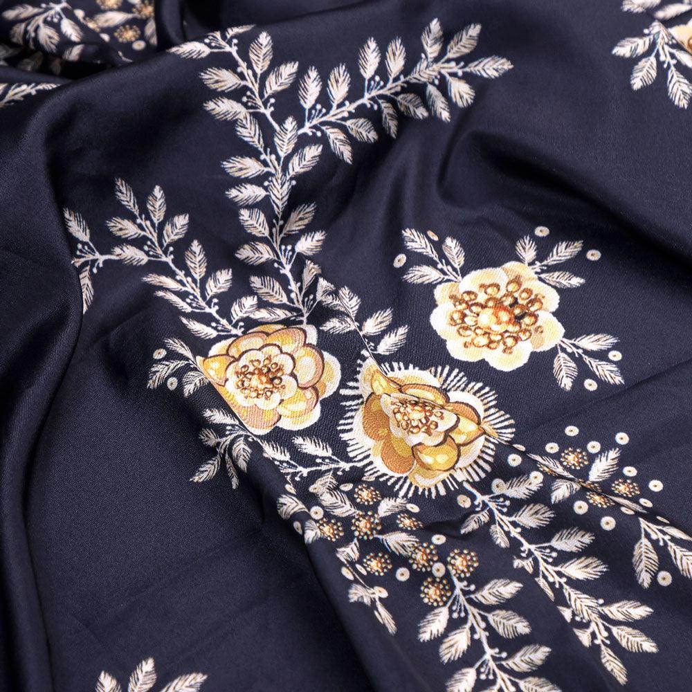 Embroidery Flower And Buds Digital Printed Fabric - Silk Crepe - FAB VOGUE Studio®