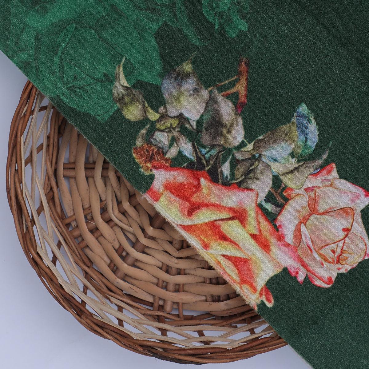 Beautiful Roses With Leaves Digital Printed Fabric - Silk Crepe - FAB VOGUE Studio®