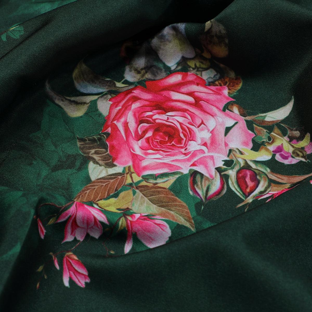 Beautiful Roses With Leaves Digital Printed Fabric - Silk Crepe - FAB VOGUE Studio®