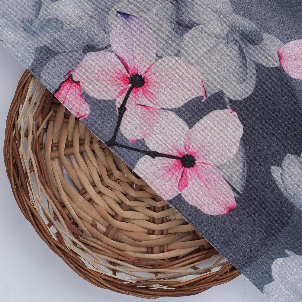 Pink Orchid Flower With Grey Background Digital Printed Fabric - Silk Crepe - FAB VOGUE Studio®