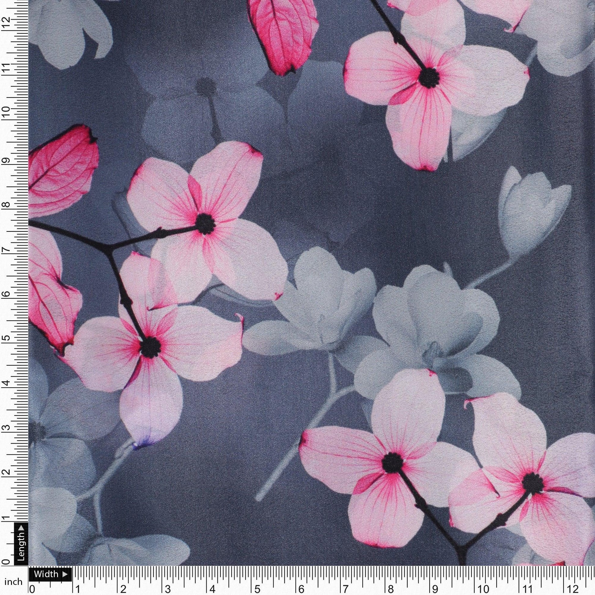 Pink Orchid Flower With Grey Background Digital Printed Fabric - Silk Crepe - FAB VOGUE Studio®