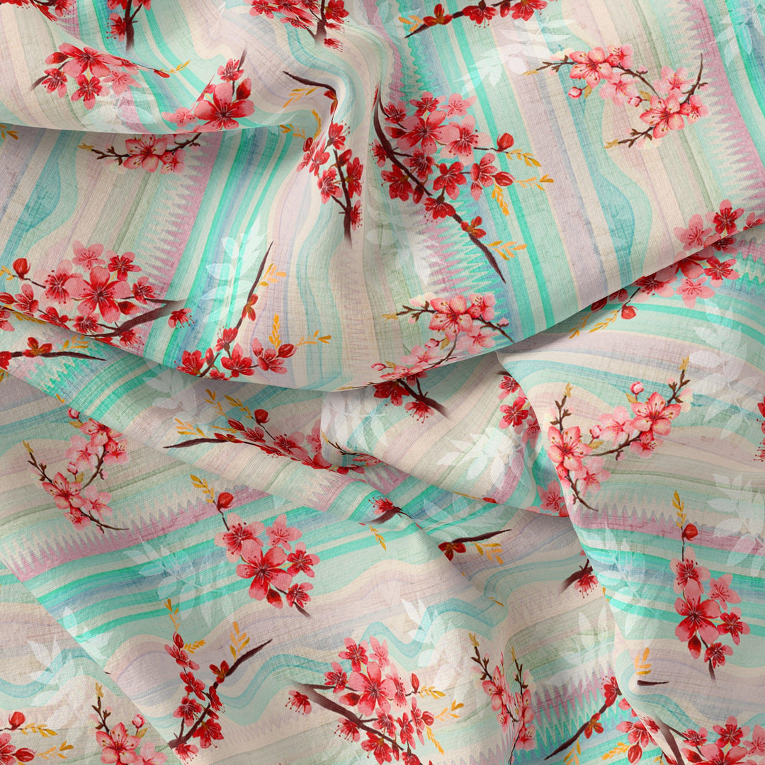 Red Spring With Decorative Background Digital Printed Fabric - Silk Crepe - FAB VOGUE Studio®