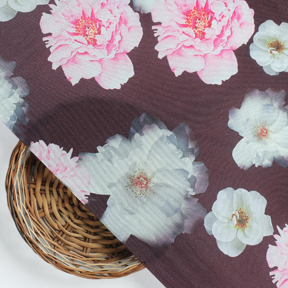 Attractive Pink Roses With Grey Digital Printed Fabric - Silk Crepe - FAB VOGUE Studio®