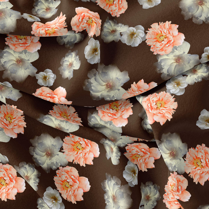 Blooming Orange Roses With Grey Digital Printed Fabric - Silk Crepe - FAB VOGUE Studio®