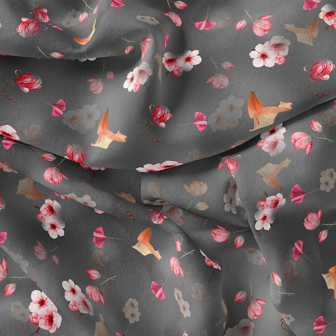 Gray Flower Printed Silk Crepe Fabric Material - FAB VOGUE Studio®