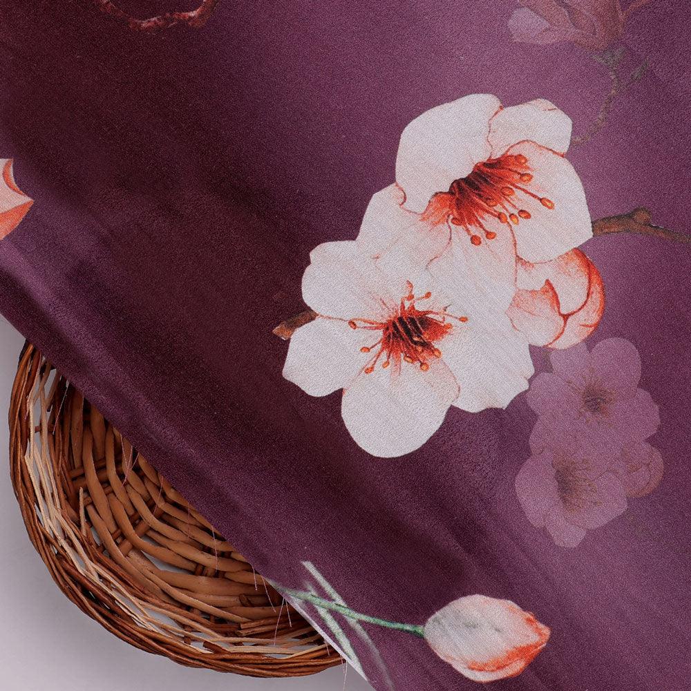 Shiny Red Tulip With Cherry Blossom Flower Digital Printed Fabric - Silk Crepe - FAB VOGUE Studio®