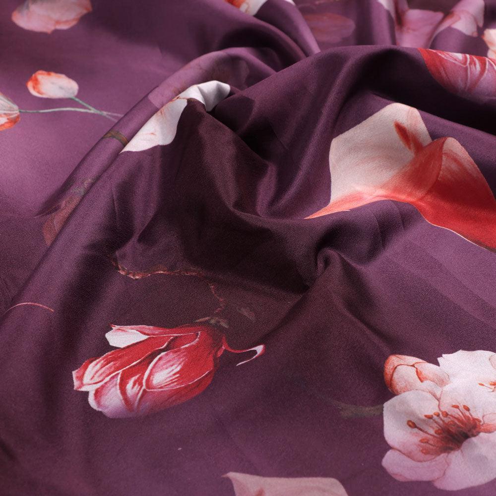 Shiny Red Tulip With Cherry Blossom Flower Digital Printed Fabric - Silk Crepe - FAB VOGUE Studio®