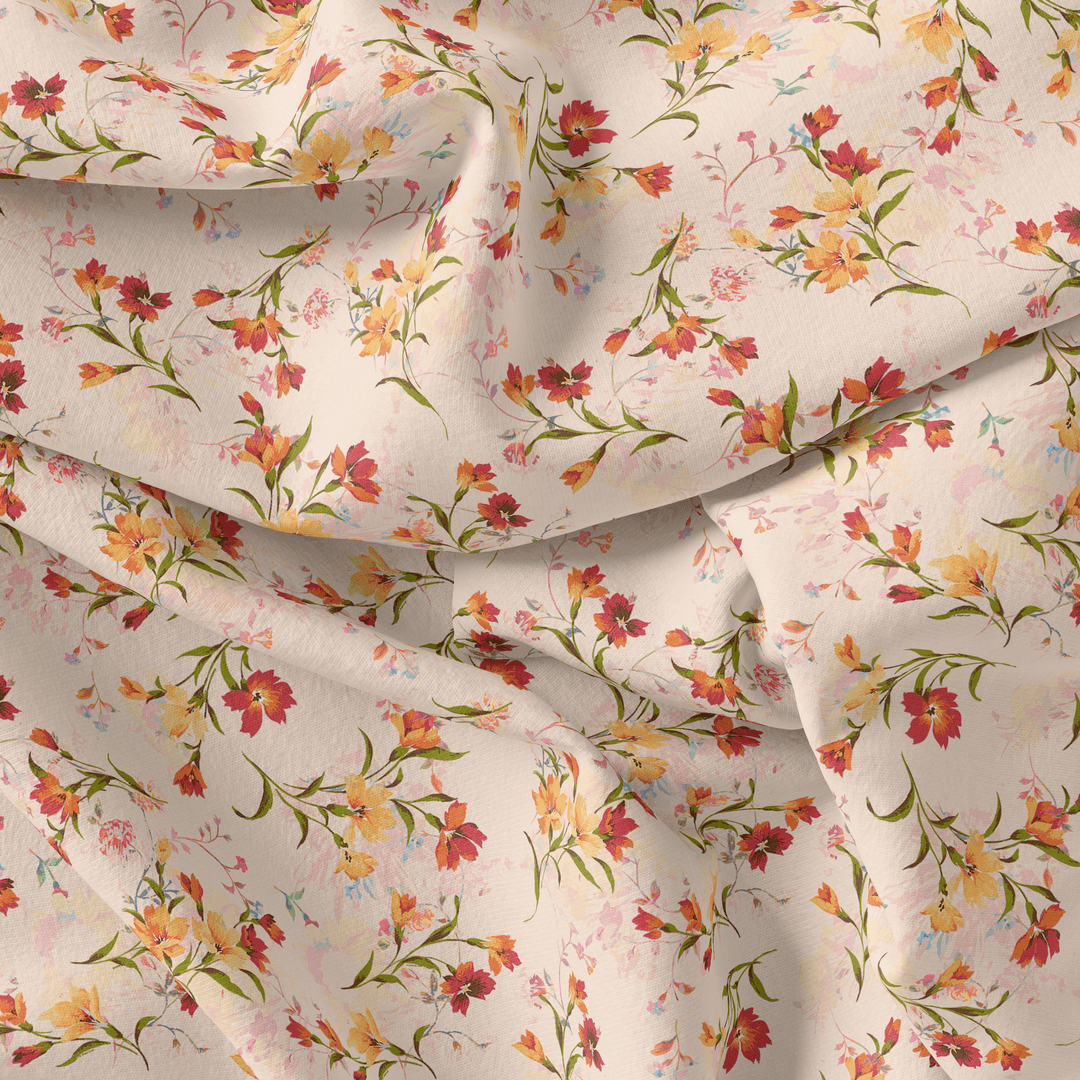 Beautiful Peach Calico Flowed Digital Printed Fabric - Silk Crepe - FAB VOGUE Studio®