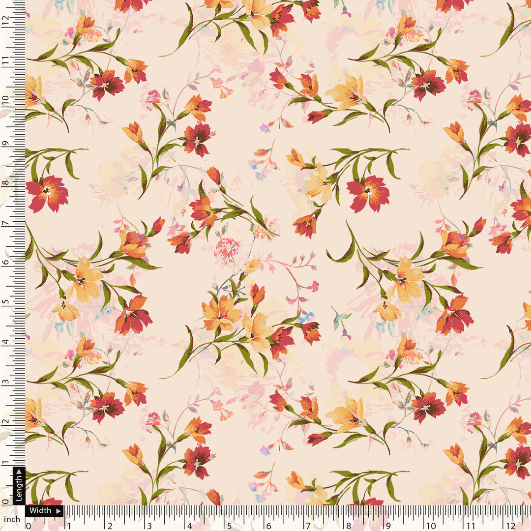 Beautiful Peach Calico Flowed Digital Printed Fabric - Silk Crepe - FAB VOGUE Studio®