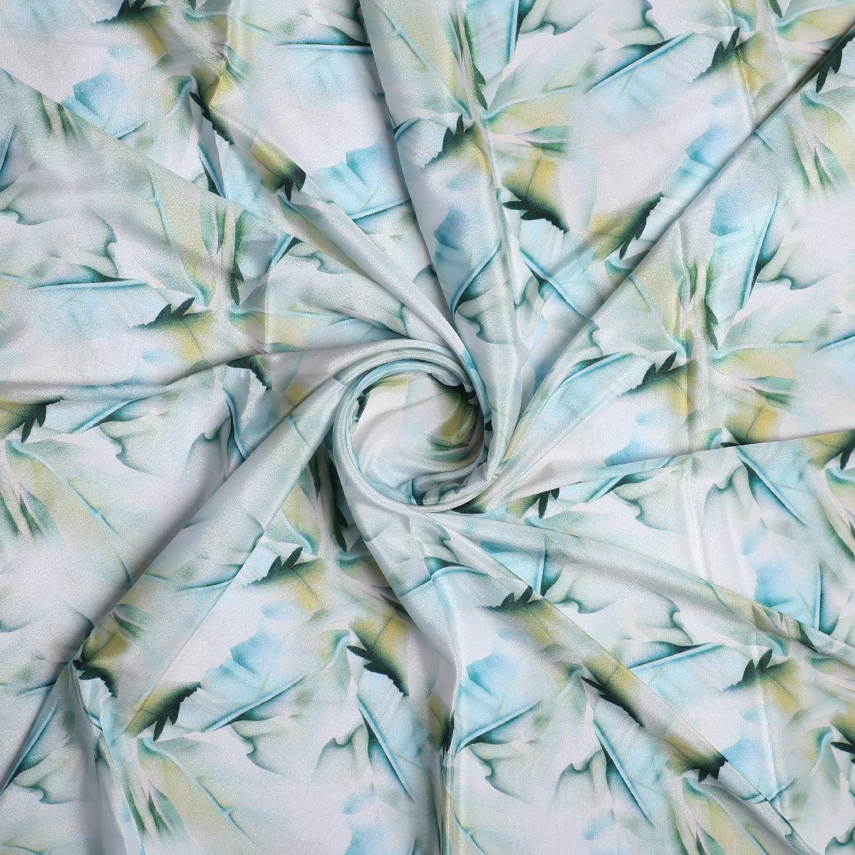 Cosmic Blue Leaves Printed Silk Crepe Fabric Material - FAB VOGUE Studio®