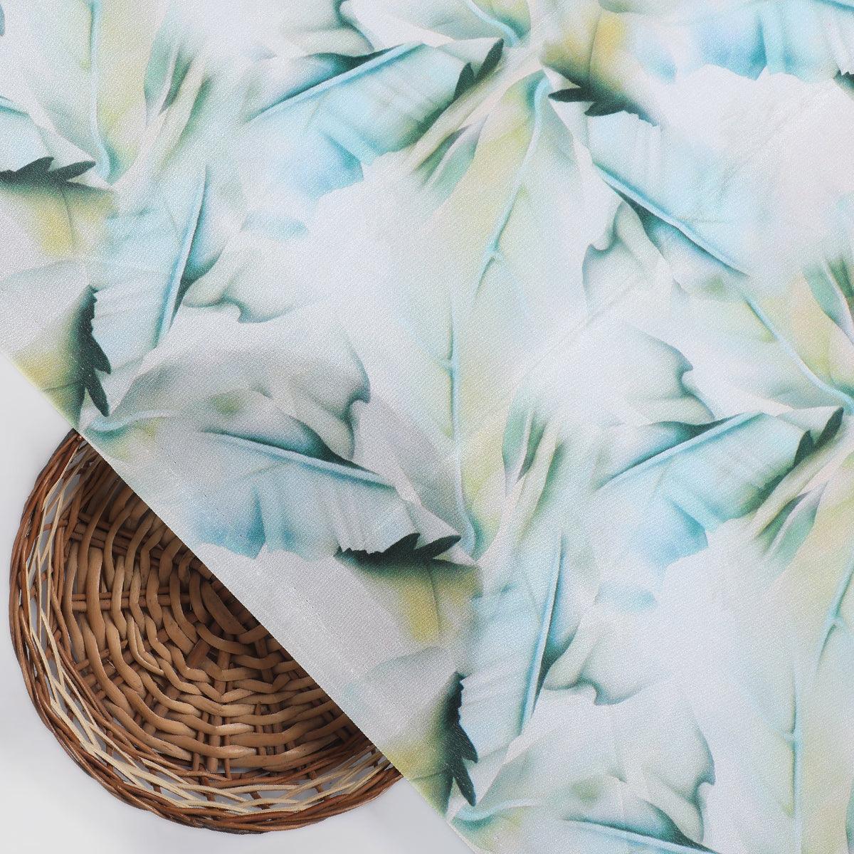 Cosmic Blue Leaves Printed Silk Crepe Fabric Material - FAB VOGUE Studio®