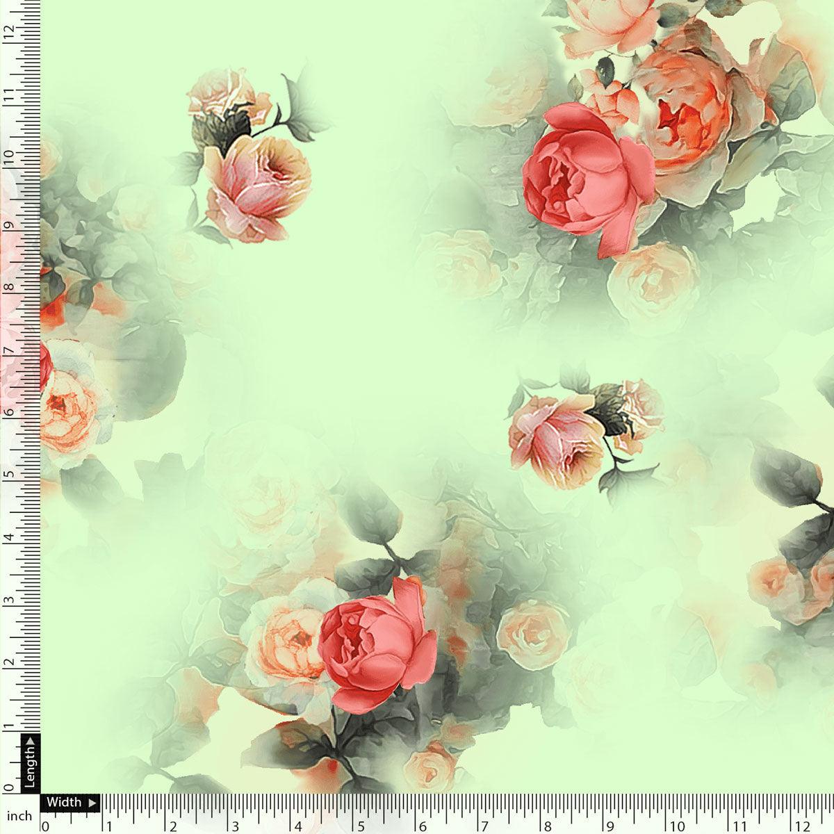 Green Pista Flower Printed Silk Crepe Fabric Material - FAB VOGUE Studio®