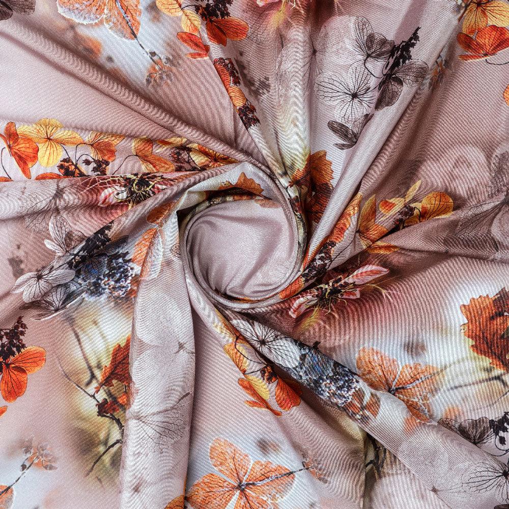 Attractive Brown Periwinkle With Leaves Digital Printed Fabric - Silk Crepe - FAB VOGUE Studio®
