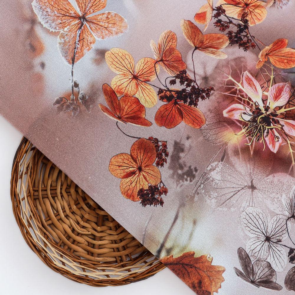 Attractive Brown Periwinkle With Leaves Digital Printed Fabric - Silk Crepe - FAB VOGUE Studio®