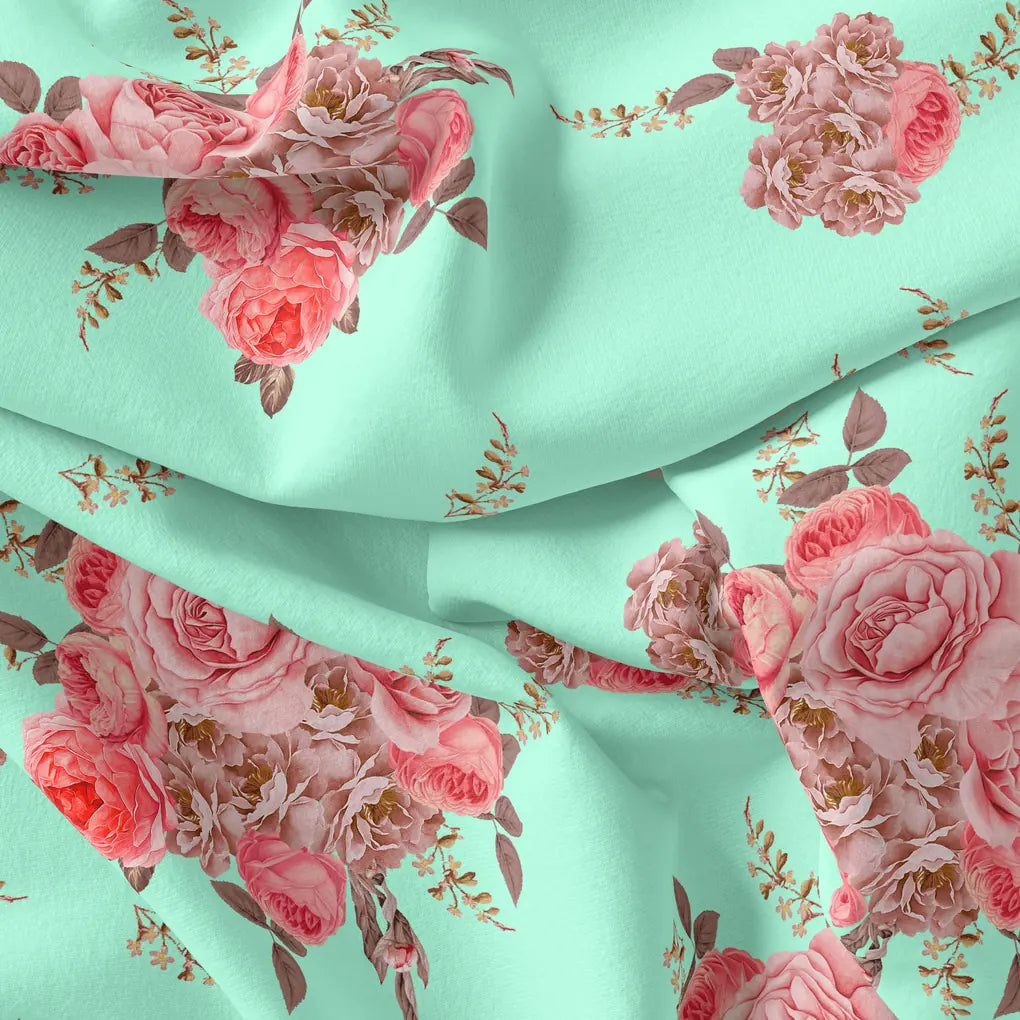 Pink Roses Brown Leaves Digital Printed Fabric - Silk Crepe – cr 0 ta09553p1r 110 pink roses brown leaves digital printed fabric silk crepe 4