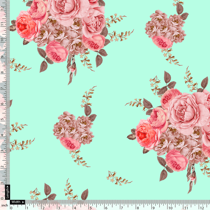 Pink Roses Brown Leaves Digital Printed Fabric - Silk Crepe - FAB VOGUE Studio®