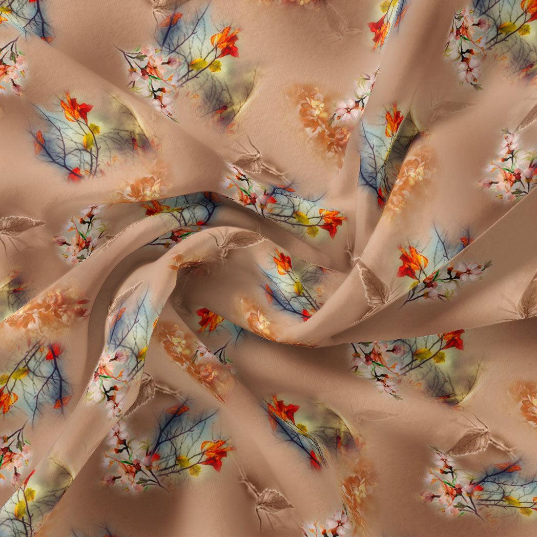 Golden Periwinkle With Timber Trail Leaves Digital Printed Fabric - Silk Crepe - FAB VOGUE Studio®
