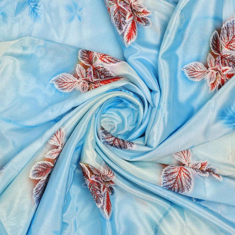 Cool Blue Ice Brown Leaves Digital Printed Fabric - Silk Crepe - FAB VOGUE Studio®