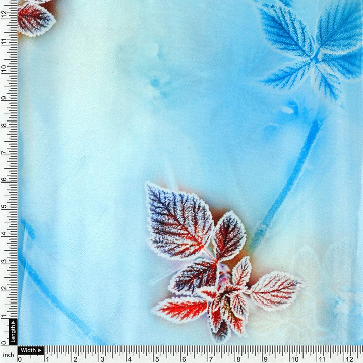 Cool Blue Ice Brown Leaves Digital Printed Fabric - Silk Crepe - FAB VOGUE Studio®
