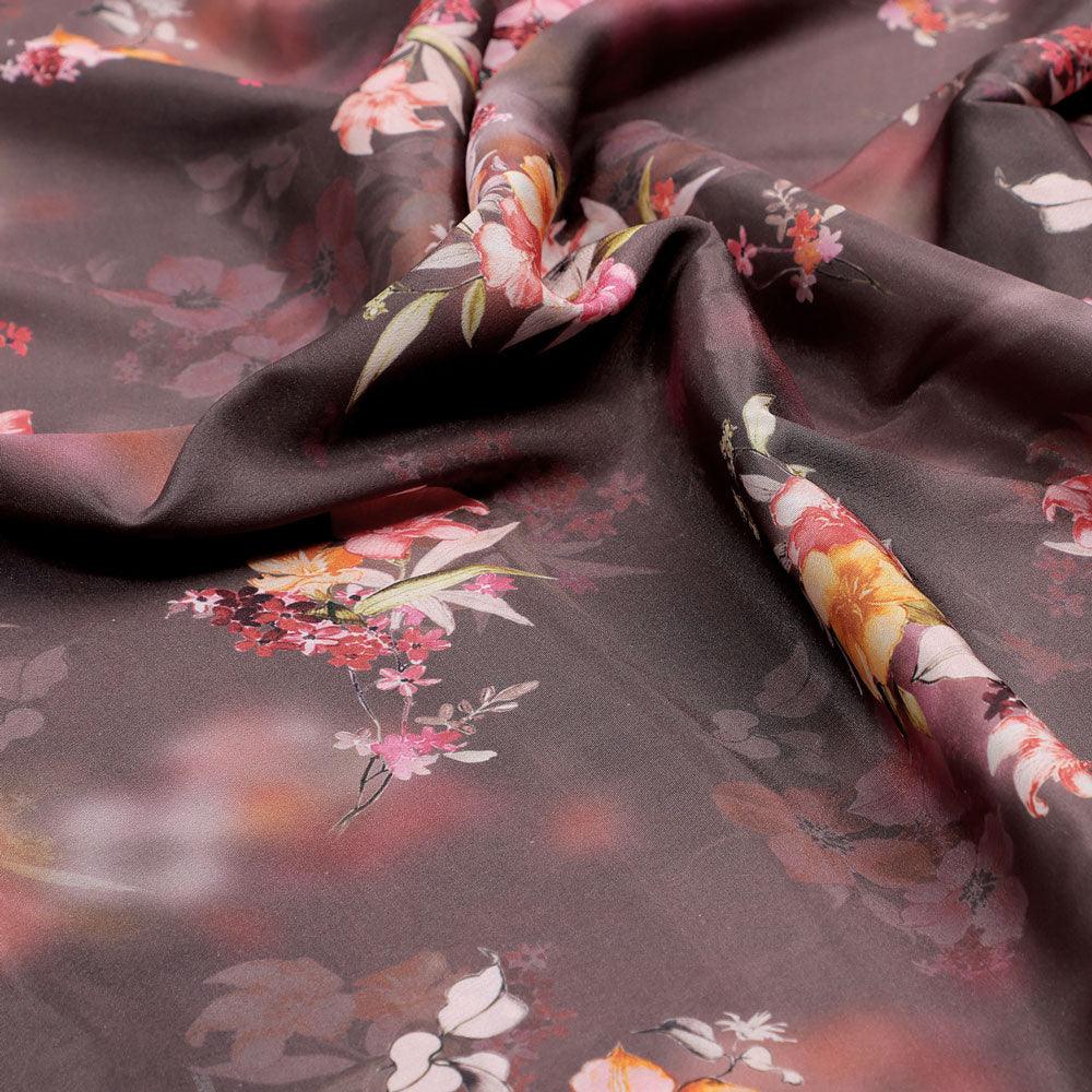 Three Colour Of Flower With Eucalyptus Leaves Digital Printed Fabric - Silk Crepe - FAB VOGUE Studio®