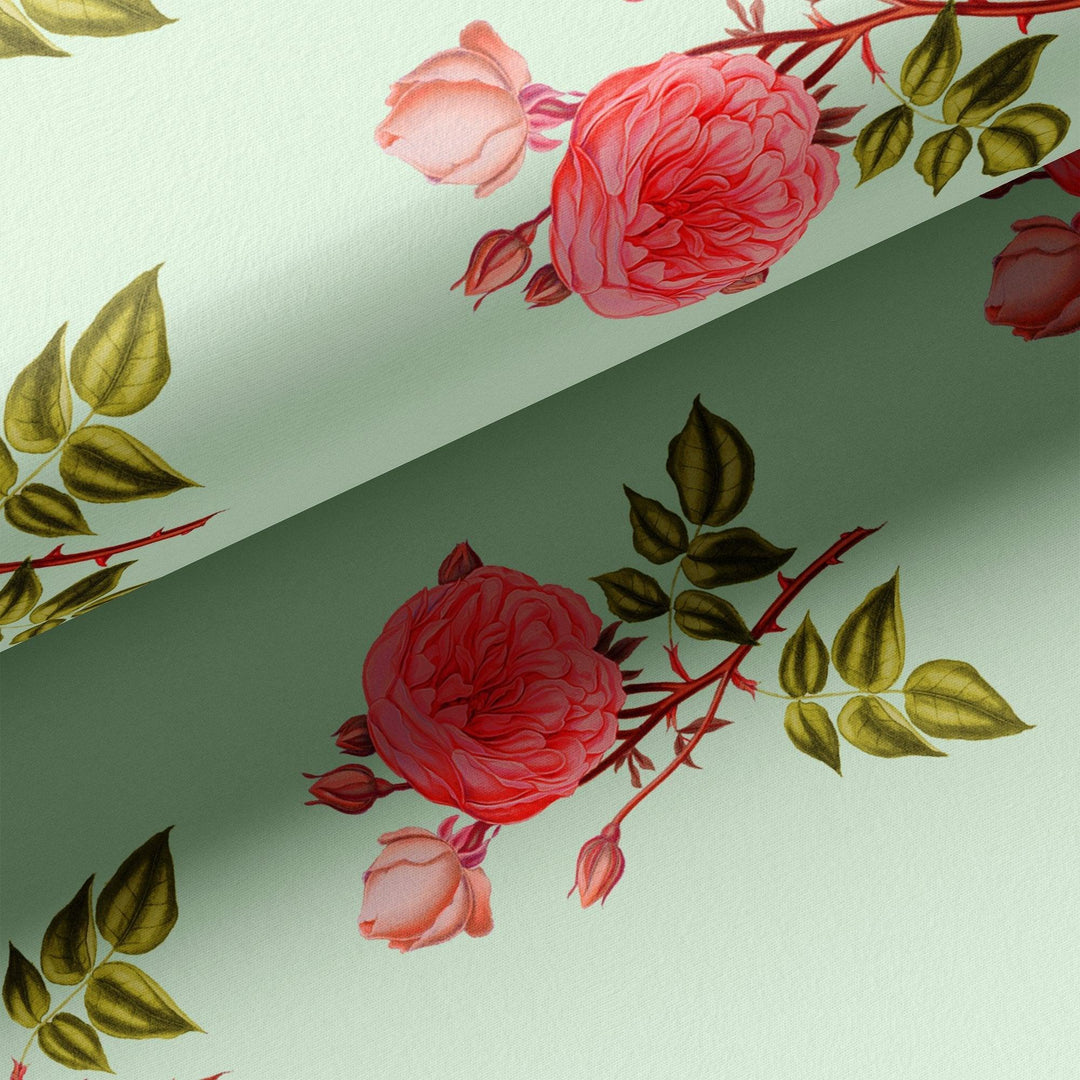 Red Rose Laying on Pista Base Digital Printed Fabric - FAB VOGUE Studio®