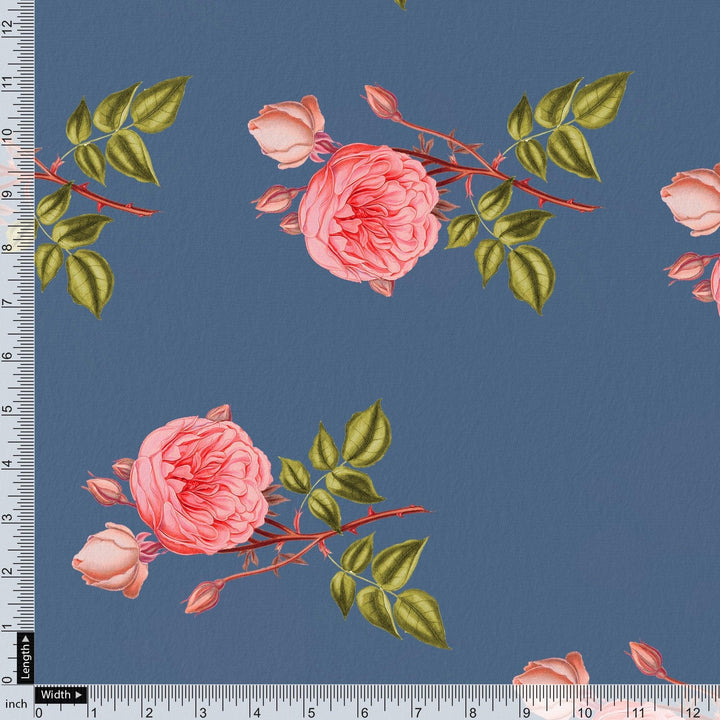 Red Rose Laying Over Blue Base Digital Printed Fabric - FAB VOGUE Studio®