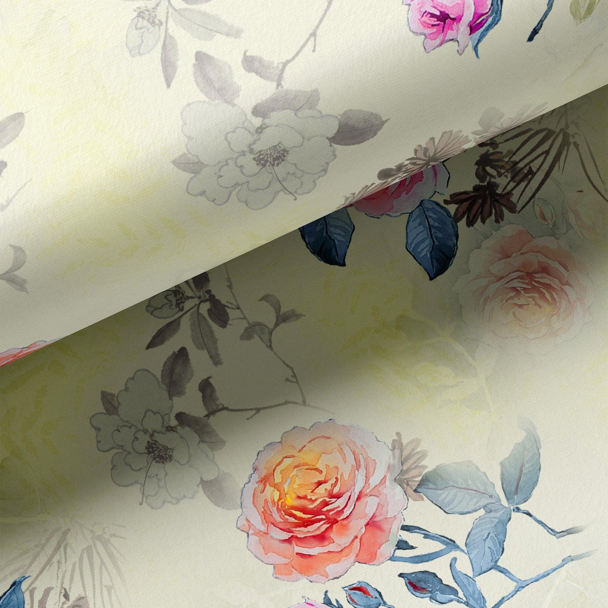 Roses Floating on Yellow Base Digital Printed Fabric - FAB VOGUE Studio®