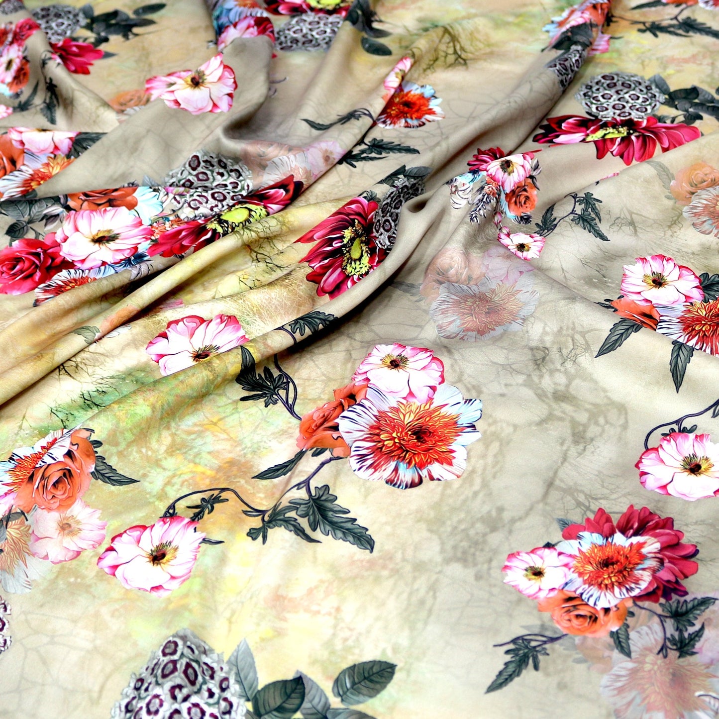 High Quality Multicolor Floral Digitally Printed Japan Satin Fabrics - FAB VOGUE Studio®