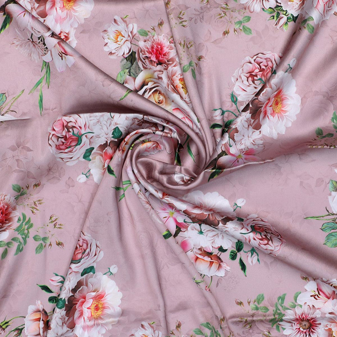 Pink Base floral Print Chiffon Satin Dress Material Fabric