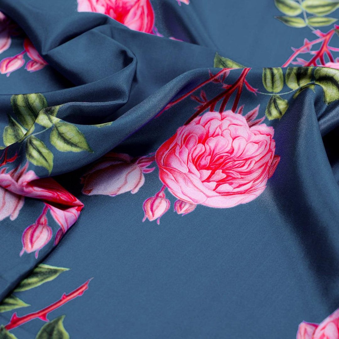 Red Rose Laying Over Blue Base Digital Printed Fabric - FAB VOGUE Studio®