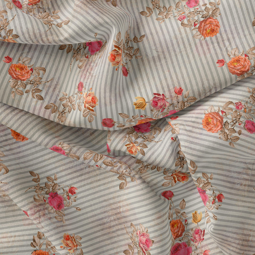Peony Floral Strips Orange With Red Digital Printed Fabric - FAB VOGUE Studio®